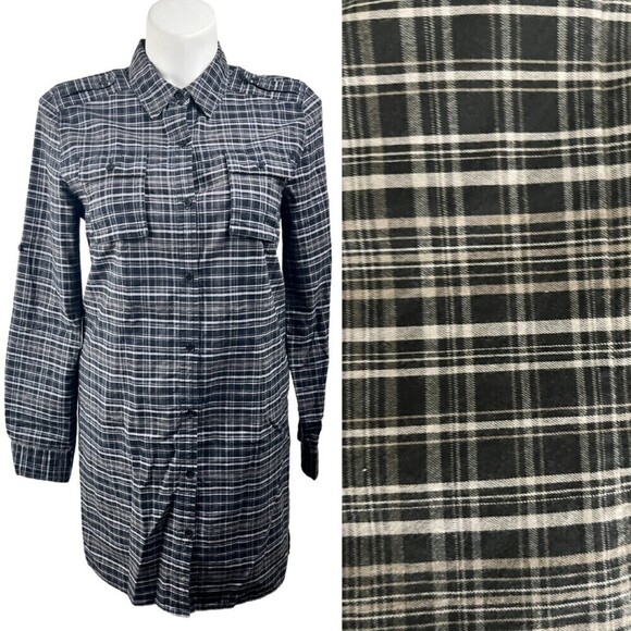 Kenneth Cole Women Size 14 Gray Plaid Cotton Shirt Mini Dress Roll Sleeve Tunic - Picture 15 of 15